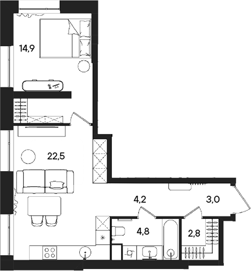 Планировка — СТОУН Райз, 2-комн., 52 м²