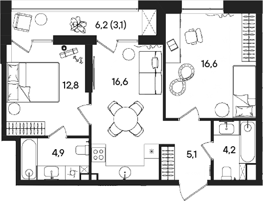 Планировка — СТОУН Райз, 3-комн., 60 м²