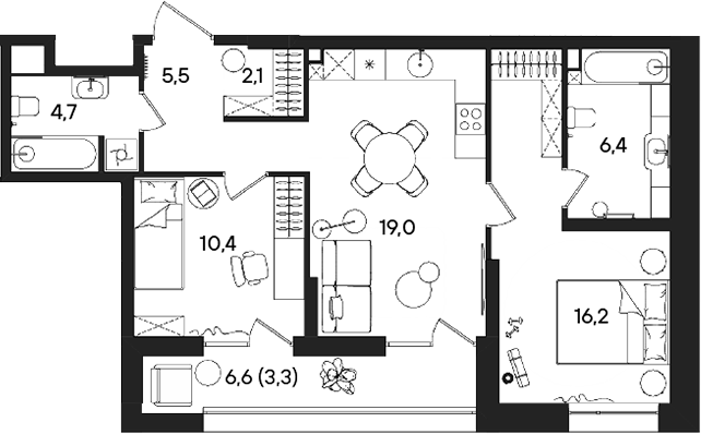 Планировка — СТОУН Райз, 3-комн., 64 м²
