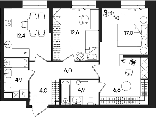 Планировка — СТОУН Райз, 2-комн., 68 м²
