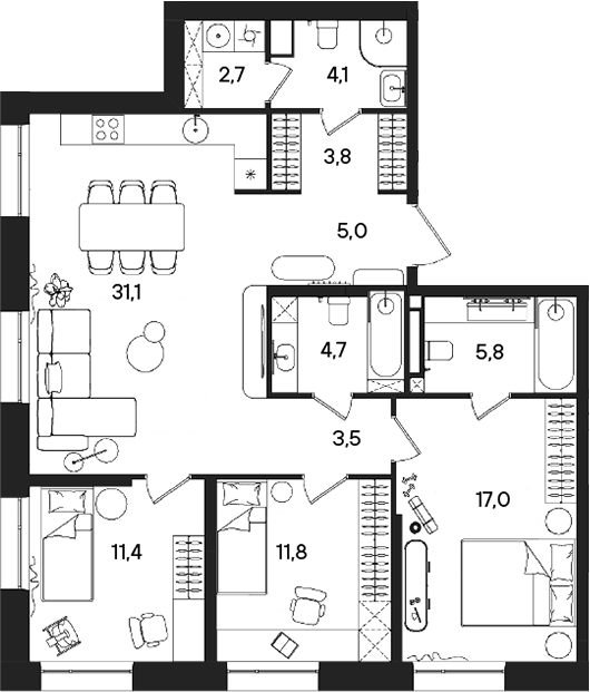 Планировка — СТОУН Райз, 4-комн., 101 м²