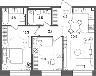Планировка — СТОУН Райз, 3-комн., 65 м²