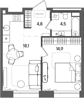 Планировка — СТОУН Райз, 2-комн., 42 м²