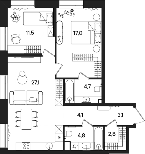 Планировка — СТОУН Райз, 3-комн., 75 м²