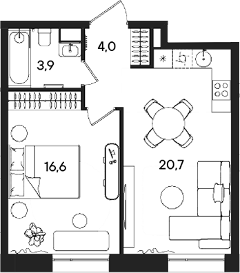 Планировка — СТОУН Райз, 2-комн., 45 м²