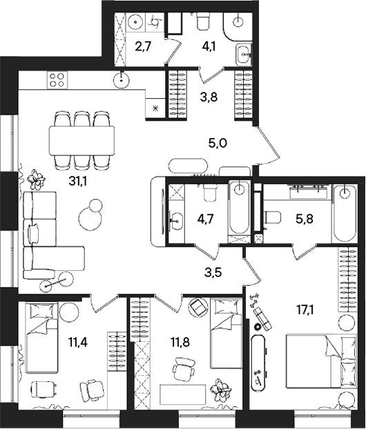 Планировка — СТОУН Райз, 4-комн., 101 м²