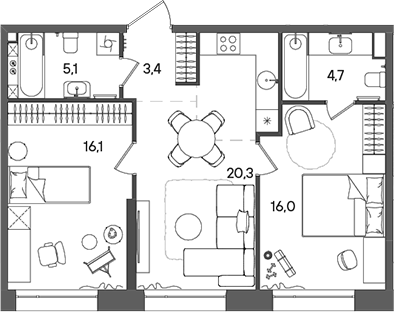 Планировка — СТОУН Райз, 3-комн., 66 м²