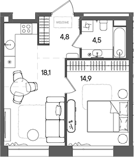 Планировка — СТОУН Райз, 2-комн., 42 м²