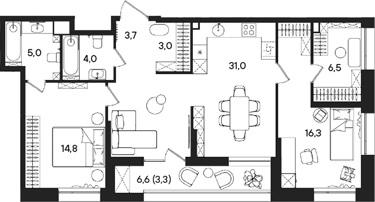 Планировка — СТОУН Райз, 3-комн., 84 м²