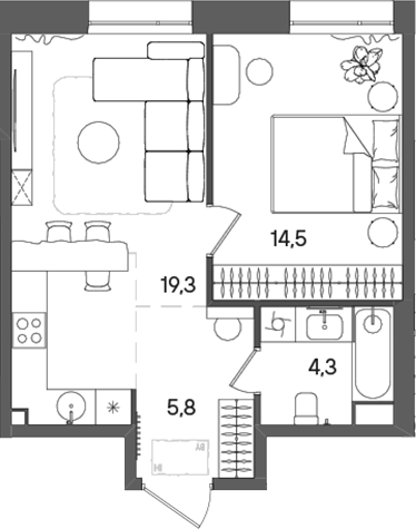 Планировка — СТОУН Райз, 2-комн., 44 м²