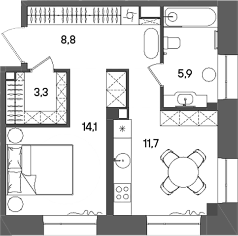 Планировка — СТОУН Райз, 1-комн., 44 м²