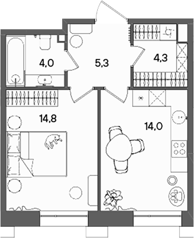 Планировка — СТОУН Райз, 1-комн., 42 м²