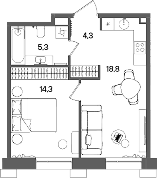 Планировка — СТОУН Райз, 2-комн., 43 м²