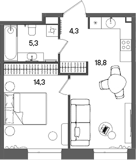 Планировка — СТОУН Райз, 2-комн., 43 м²