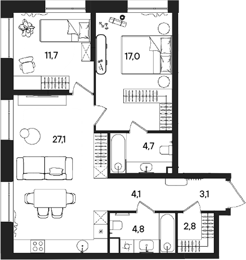 Планировка — СТОУН Райз, 3-комн., 75 м²