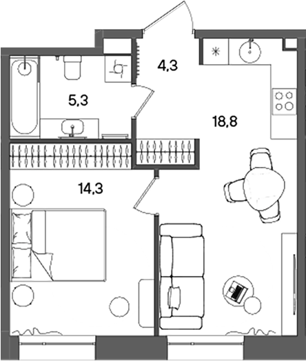 Планировка — СТОУН Райз, 2-комн., 43 м²