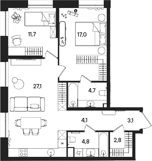 Планировка — СТОУН Райз, 3-комн., 75 м²
