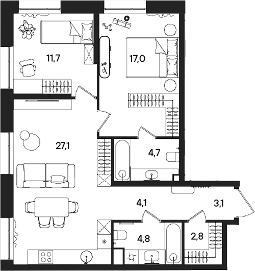 Планировка — СТОУН Райз, 3-комн., 75 м²