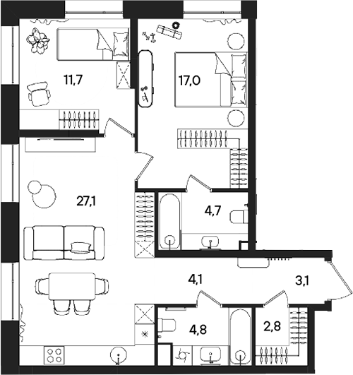 Планировка — СТОУН Райз, 3-комн., 75 м²