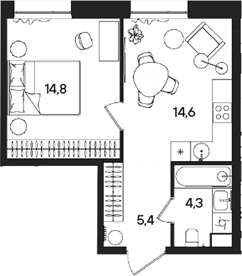 Планировка — СТОУН Райз, 1-комн., 39 м²