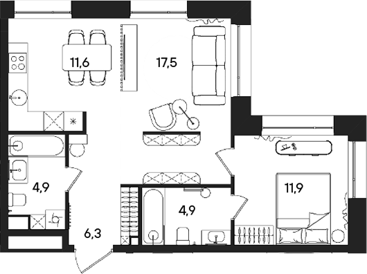 Планировка — СТОУН Райз, 2-комн., 57 м²