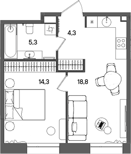Планировка — СТОУН Райз, 2-комн., 43 м²