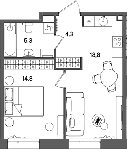 Планировка — СТОУН Райз, 2-комн., 43 м²
