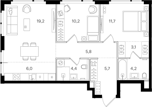 Планировка — Назаре. Мангазея в Богородском, 3-комн., 70 м²