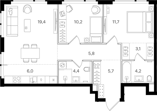 Планировка — Назаре. Мангазея в Богородском, 3-комн., 71 м²