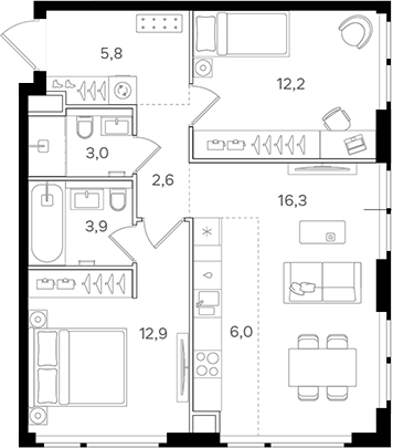 Планировка — Назаре. Мангазея в Богородском, 3-комн., 63 м²
