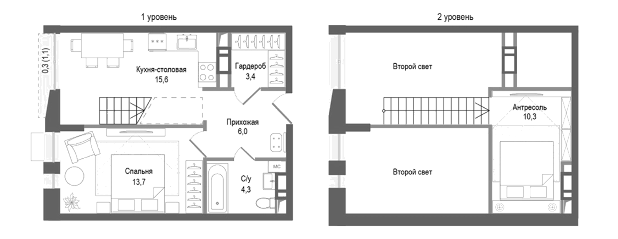 Планировка — Киноквартал, 3-комн., 50 м²