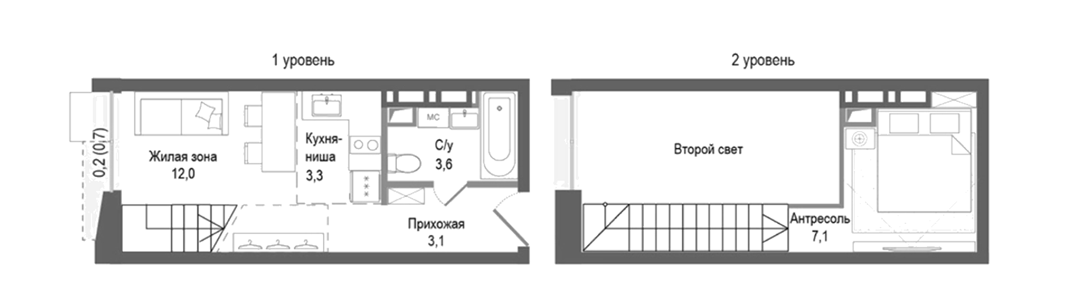 Планировка — Киноквартал, 2-комн., 29 м²