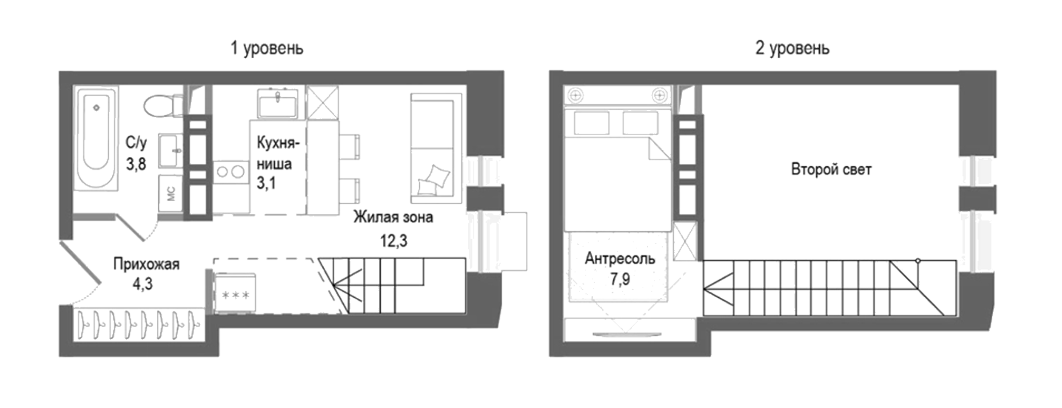 Планировка — Киноквартал, 2-комн., 31 м²