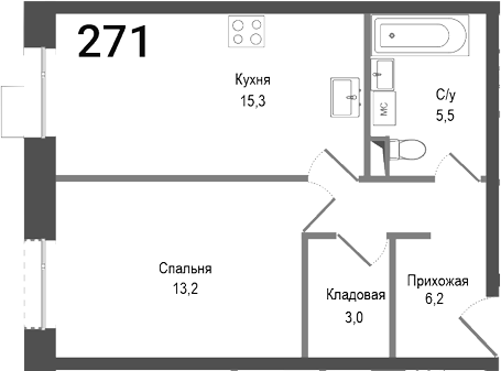 Планировка — Киноквартал, 2-комн., 43 м²