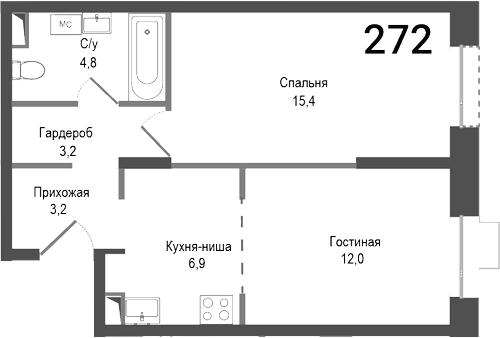 Планировка — Киноквартал, 2-комн., 46 м²