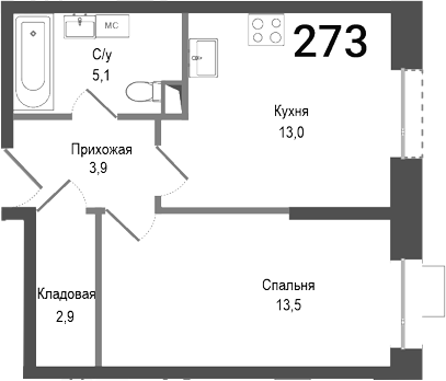 Планировка — Киноквартал, 1-комн., 38 м²