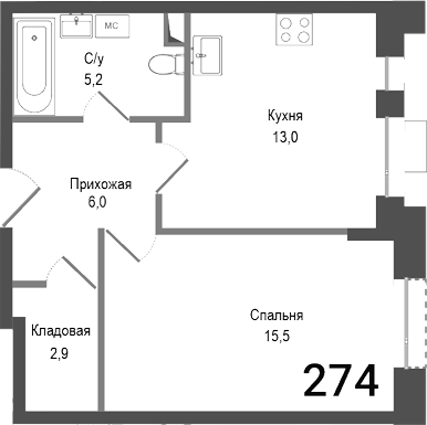 Планировка — Киноквартал, 1-комн., 43 м²