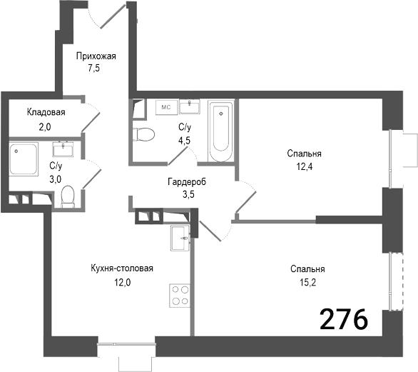 Планировка — Киноквартал, 2-комн., 60 м²