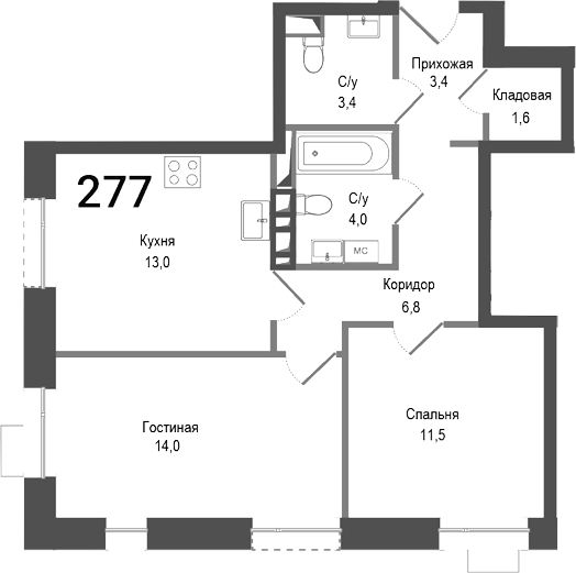 Планировка — Киноквартал, 2-комн., 58 м²