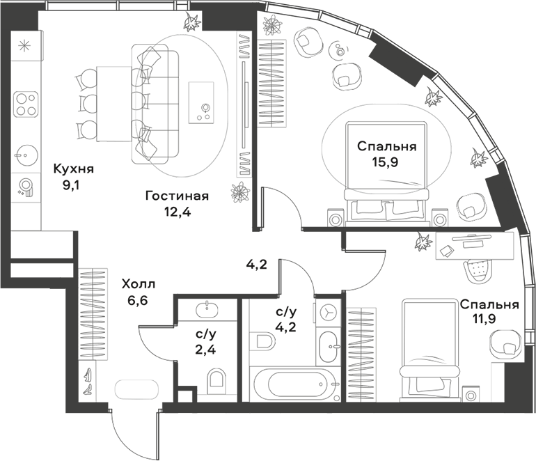 Планировка — ALIA, 3-комн., 67 м²