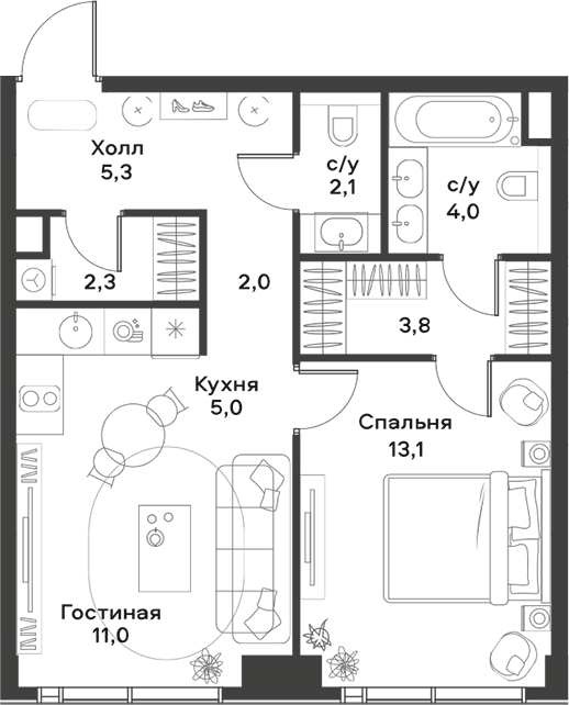 Планировка — ALIA, 2-комн., 49 м²