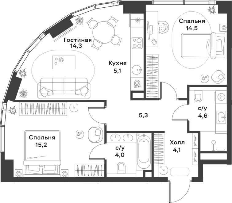 Планировка — ALIA, 3-комн., 67 м²
