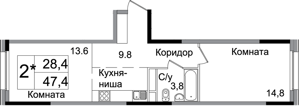 Планировка — Сиреневый парк, 2-комн., 47 м²