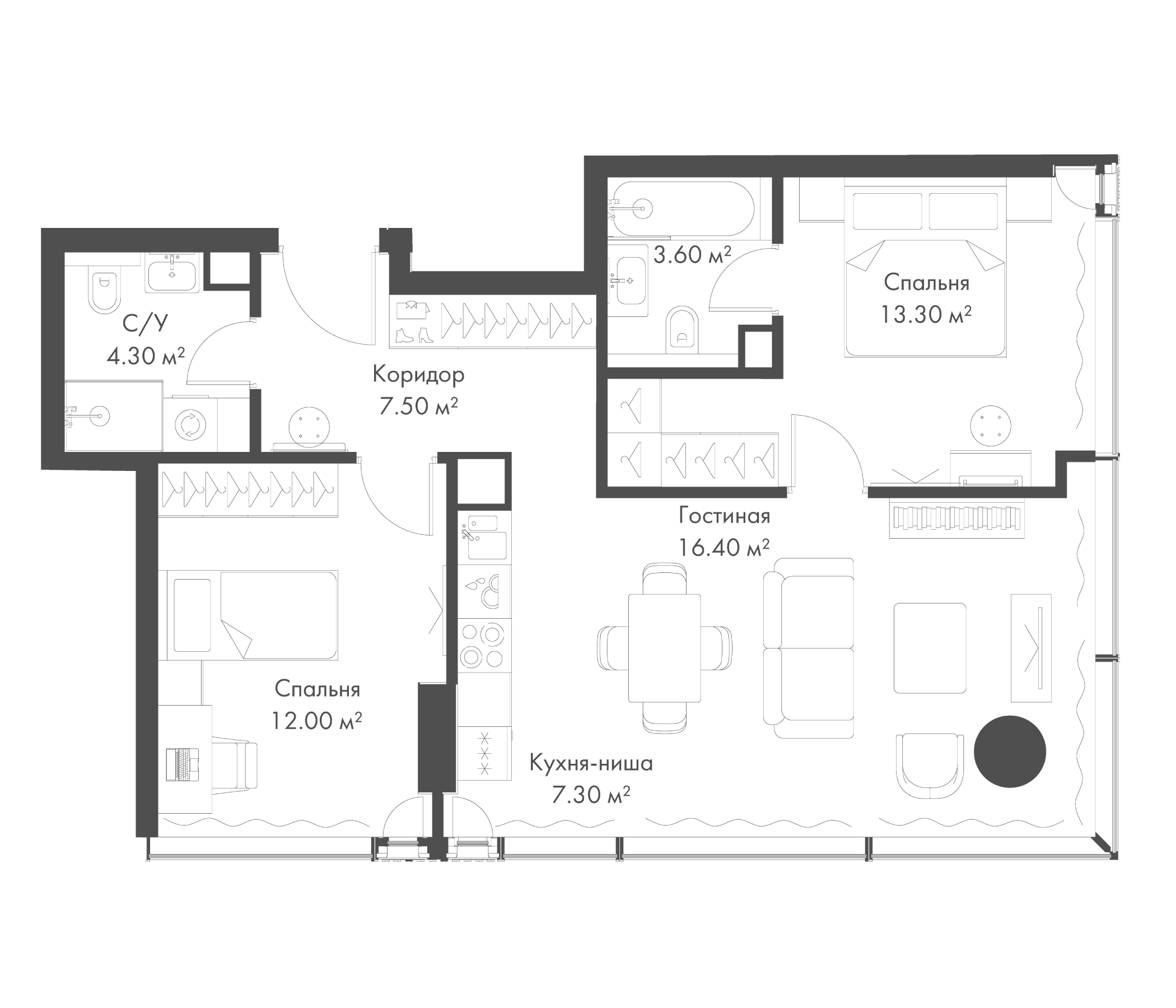 Планировка — Слава, 3-комн., 64 м²