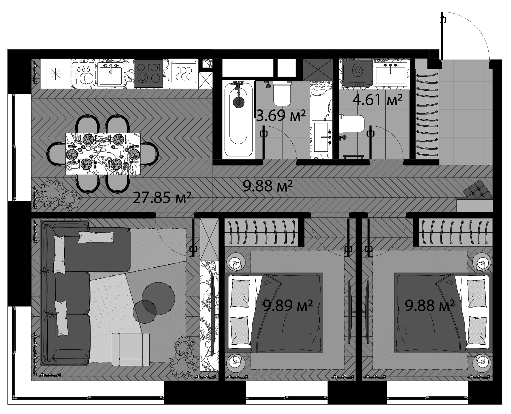 Планировка — Зорге, 9, 3-комн., 66 м²