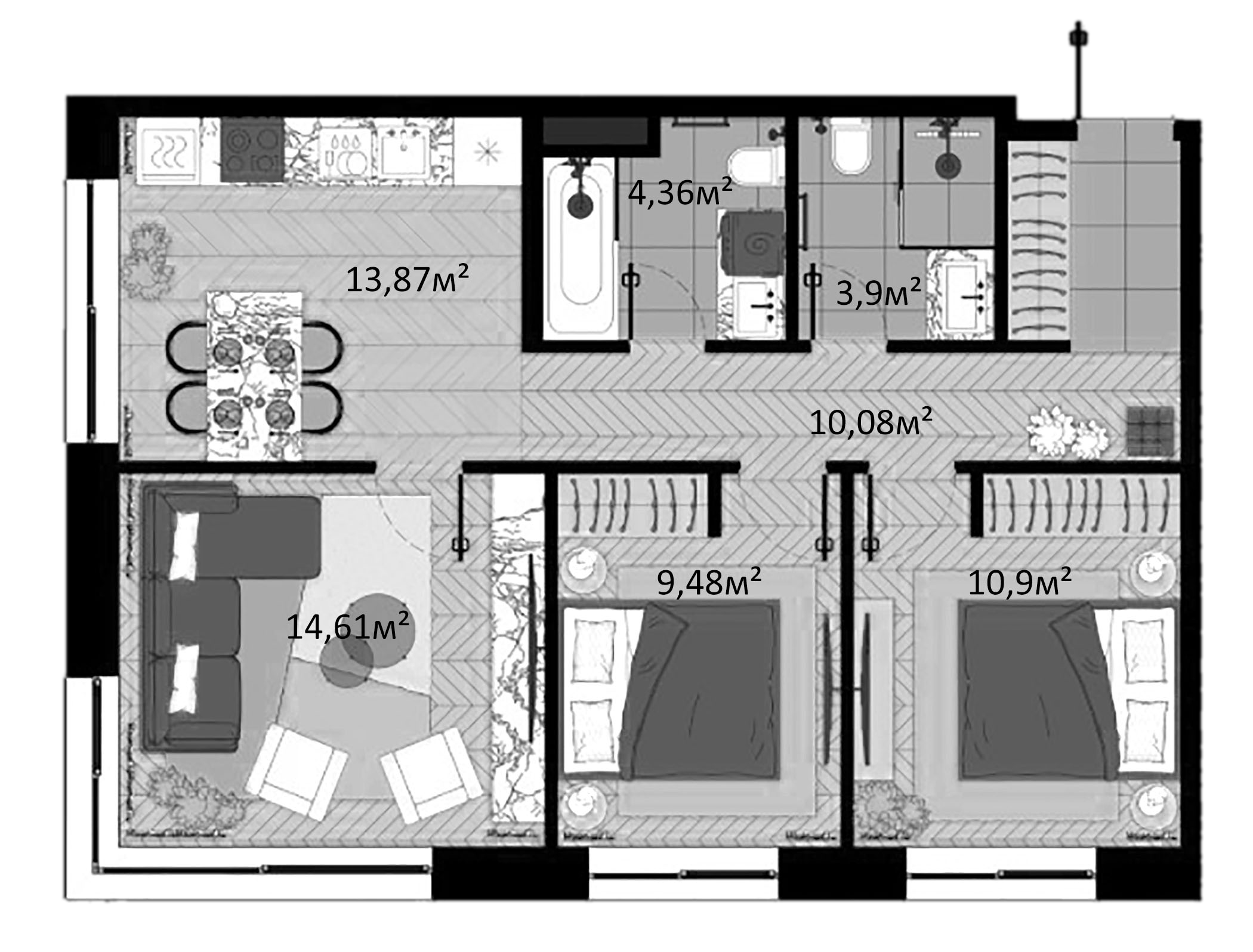 Планировка — Зорге, 9, 3-комн., 67 м²