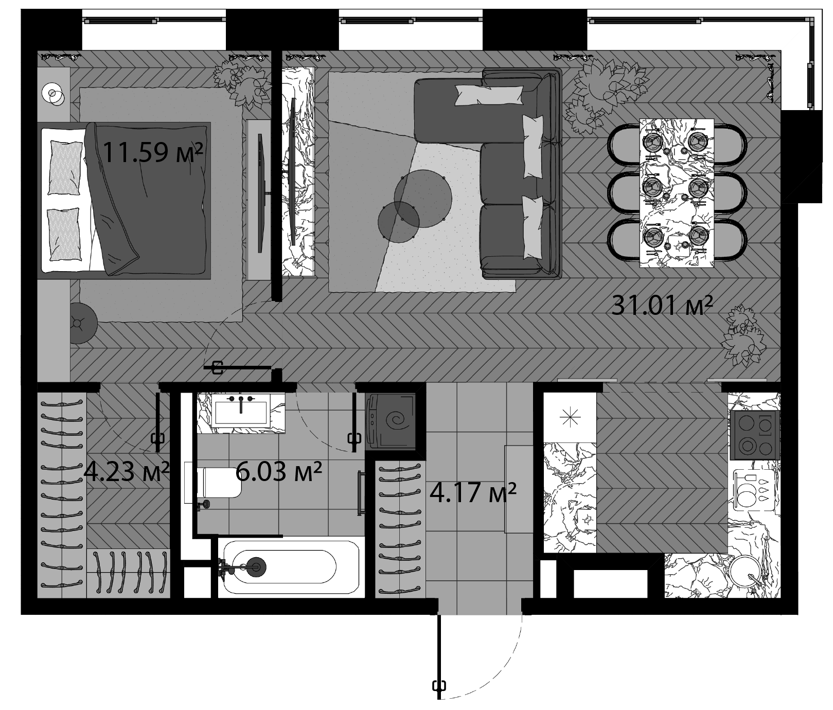 Планировка — Зорге, 9, 2-комн., 58 м²