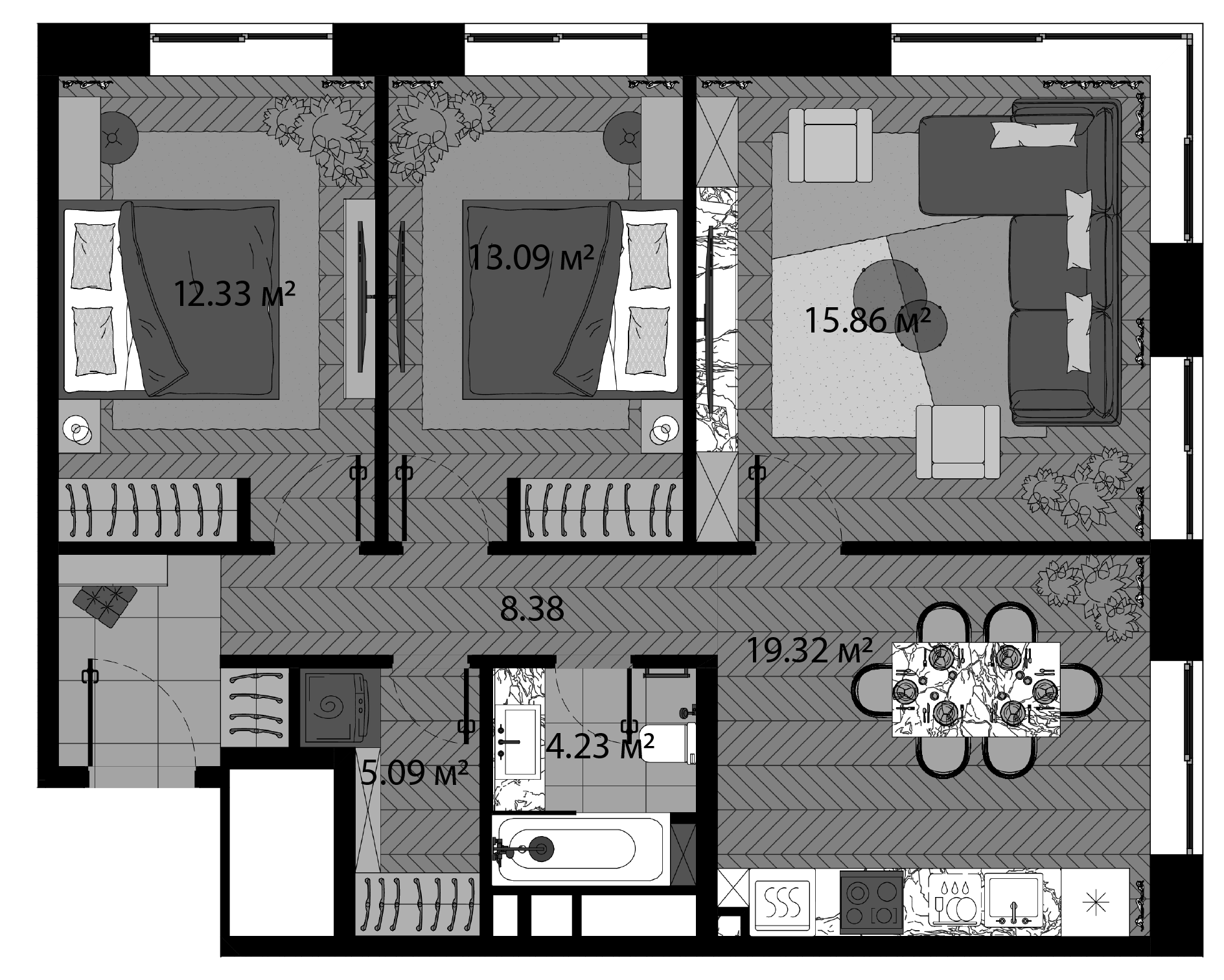 Планировка — Зорге, 9, 3-комн., 78 м²