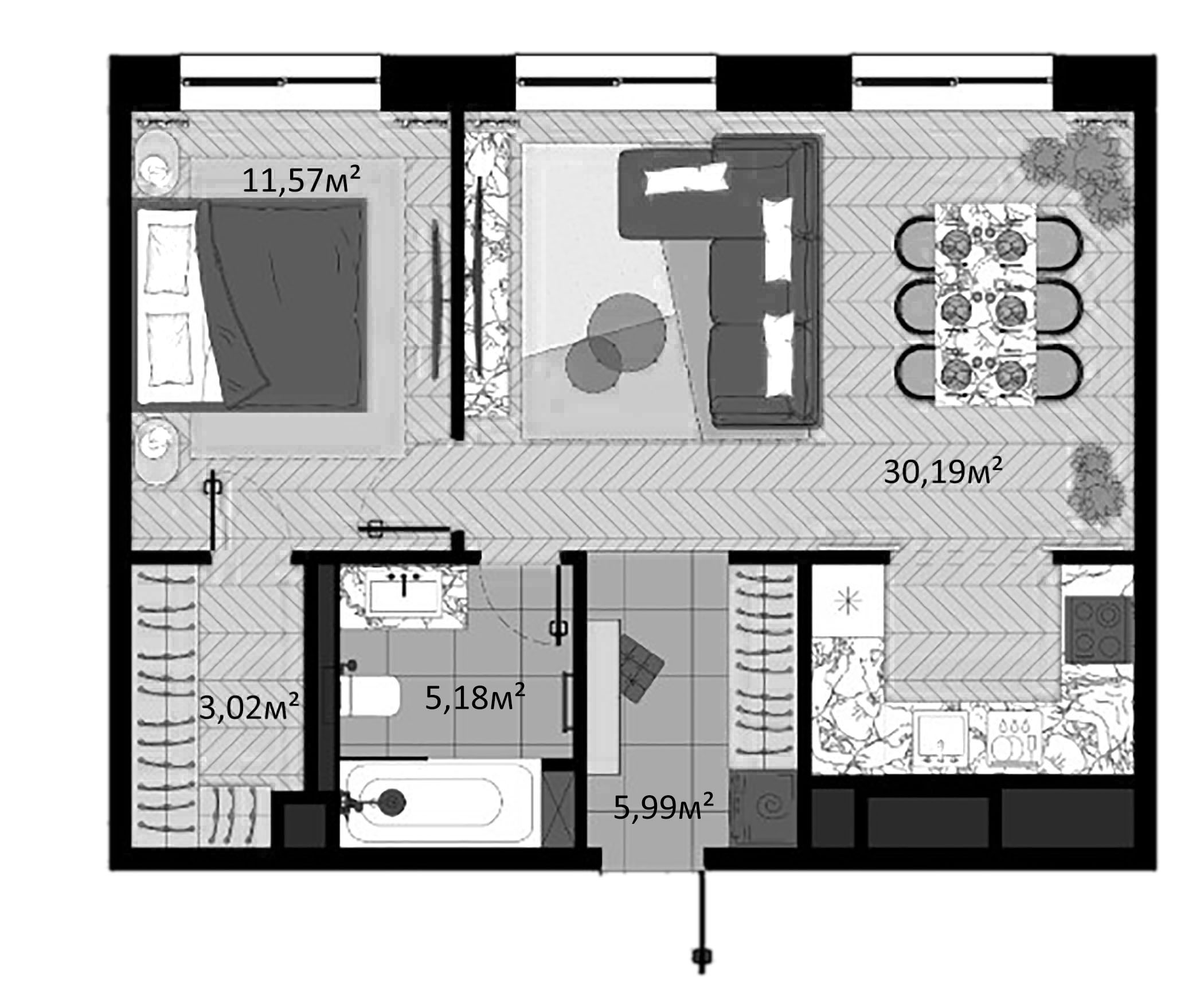 Планировка — Зорге, 9, 2-комн., 56 м²