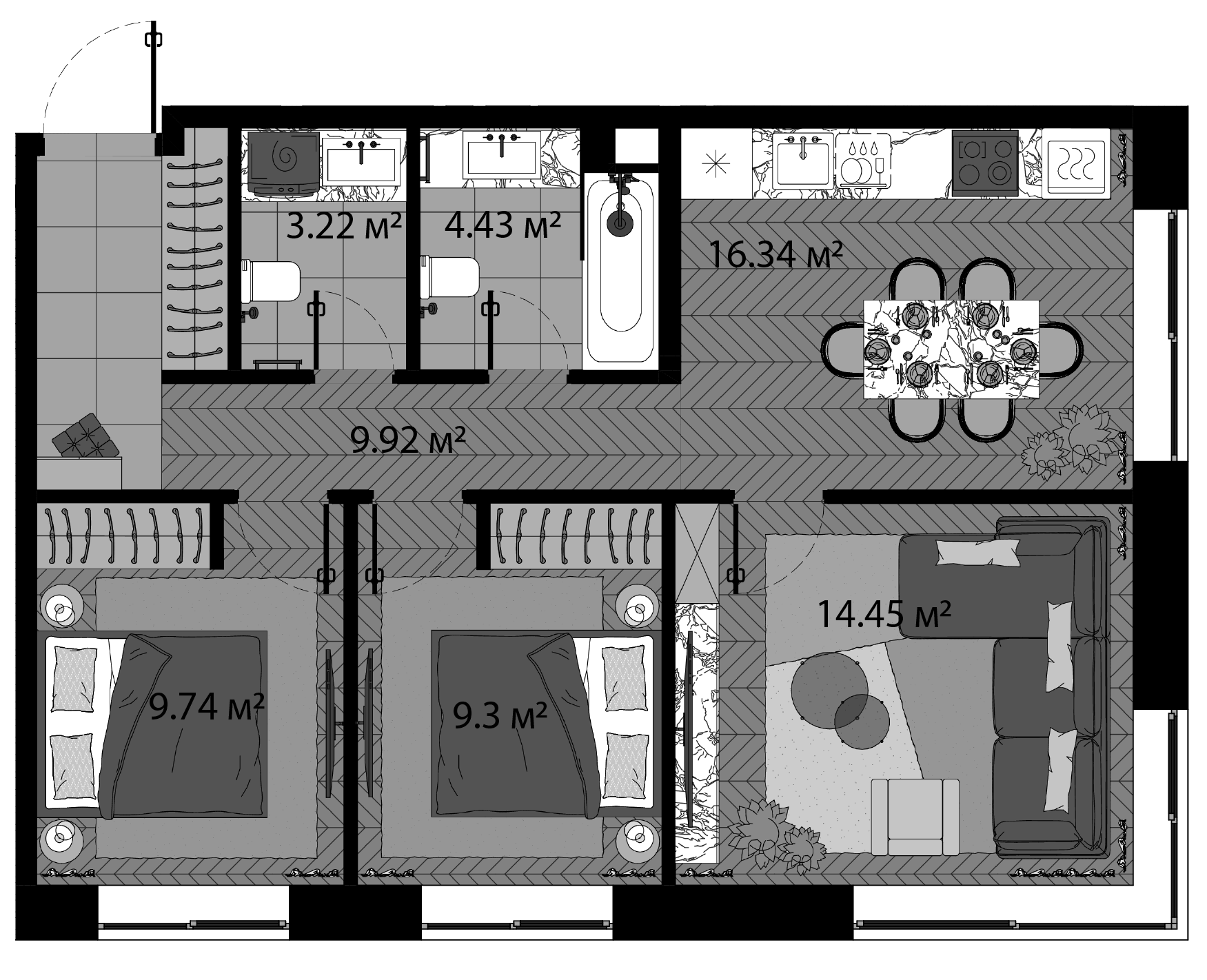 Планировка — Зорге, 9, 3-комн., 67 м²